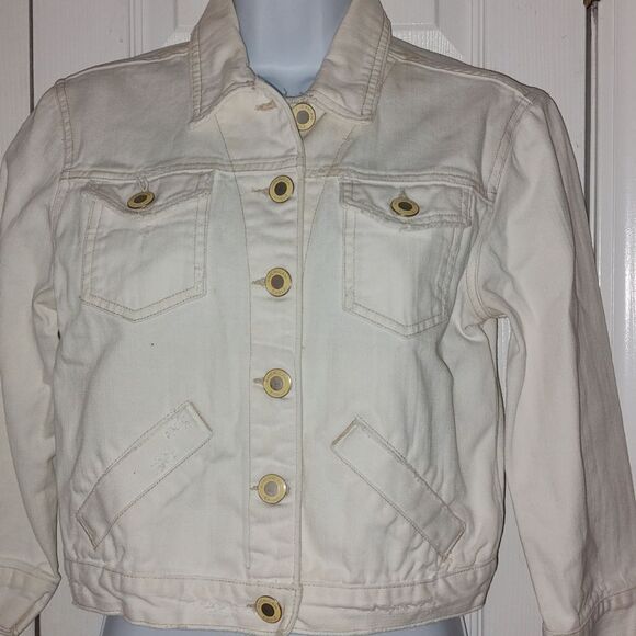 American Eagle Distressed  Outfitter Cropped White Denim Jacket Size Medium - Picture 2 of 10